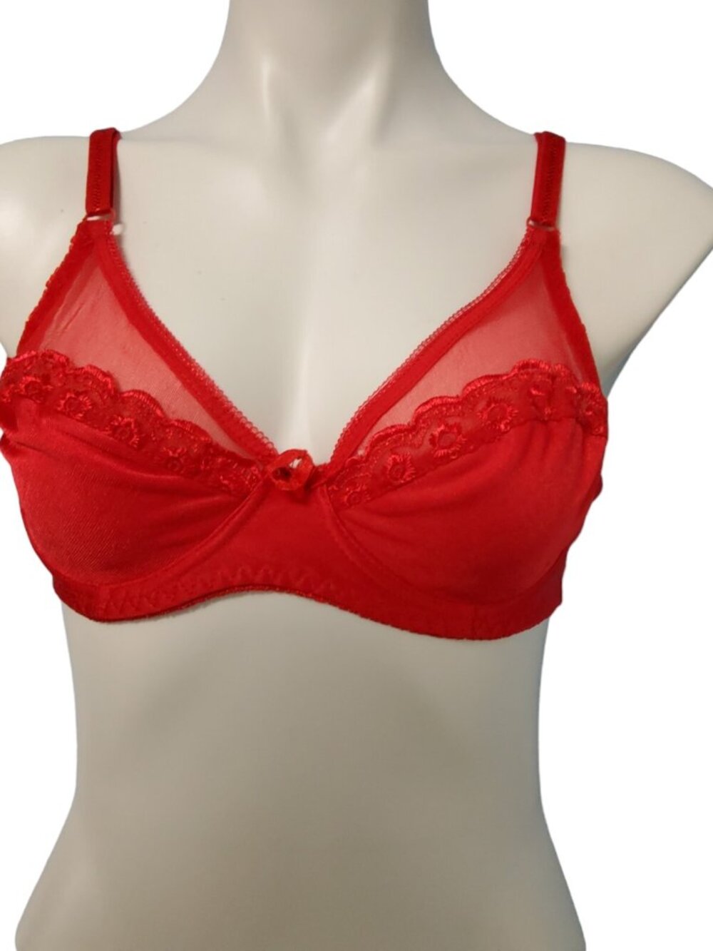 Jolie Intimates Red Lace Bra 36C Unlined Underwire Sheer Non-Padded